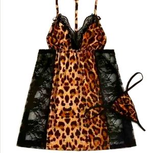 Women Plus Size Leopard Lingerie Lace Chemise Babydoll Night Dress +Thong, XL